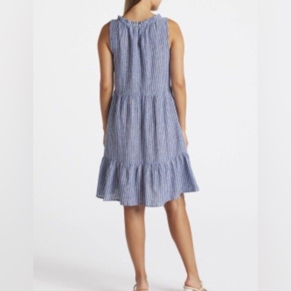 BeachLunchLounge | Blue Stripe Saison Linen Blend Tiered Sleeveless Dress, Small - Picture 4 of 10